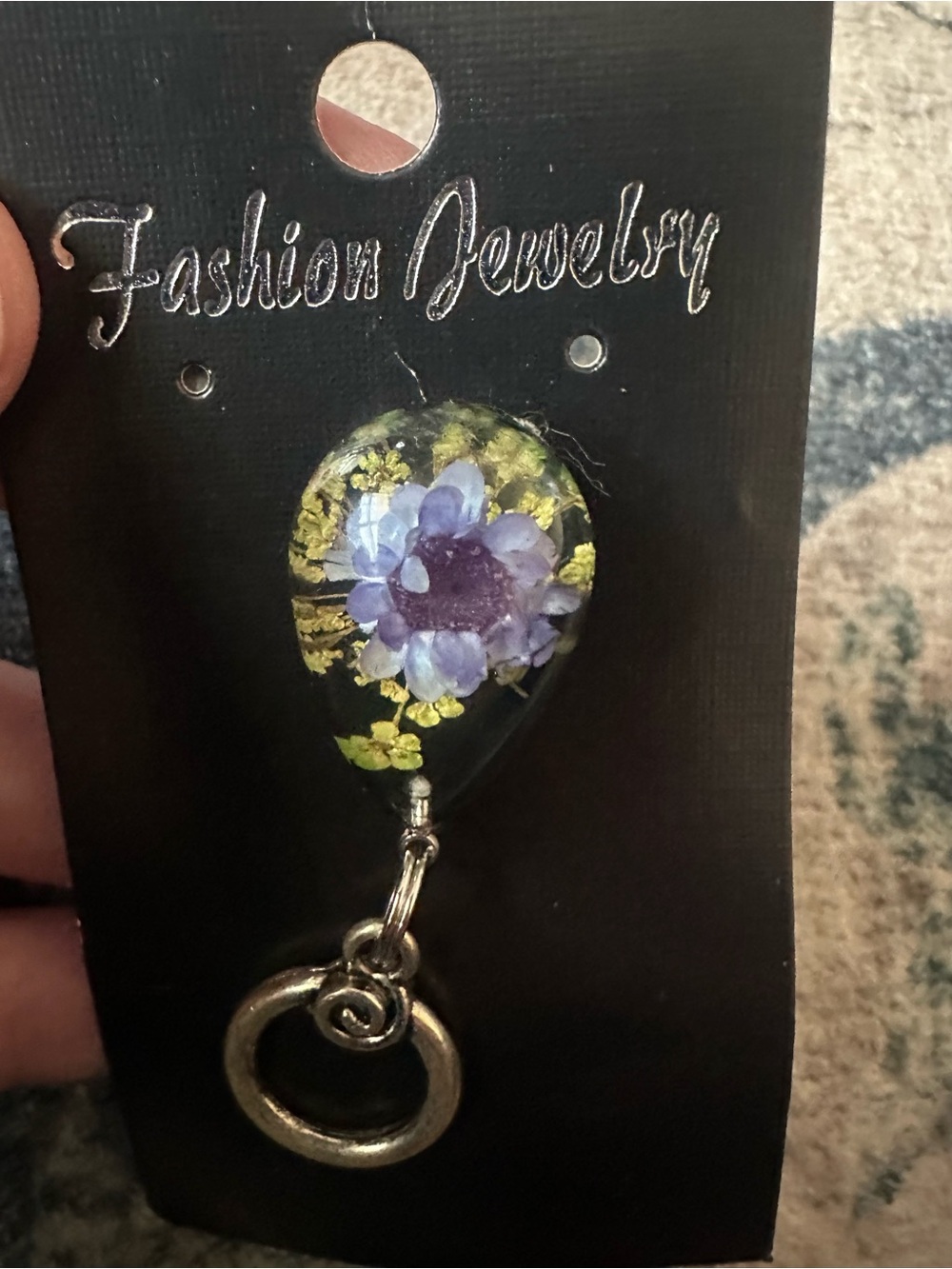 Magnetic Badge Holder Purple Floral Teardrop Pendant with Gold Accents